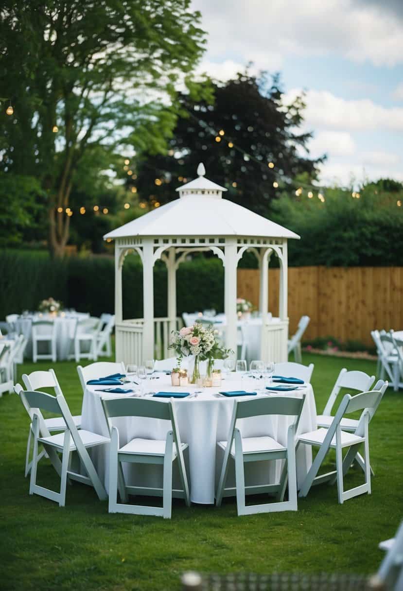 A backyard wedding in the UK, with a small gazebo, floral decorations, and a simple seating arrangement for guests