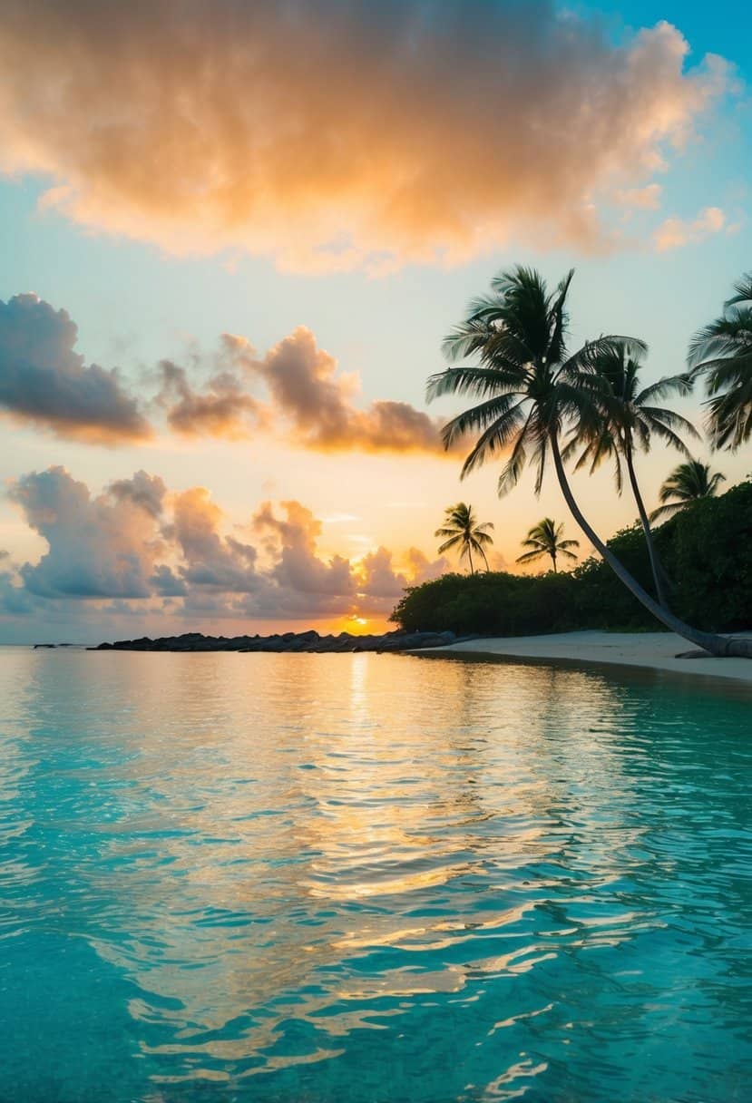 A secluded beach at sunset with crystal clear waters, palm trees, and a colorful sky