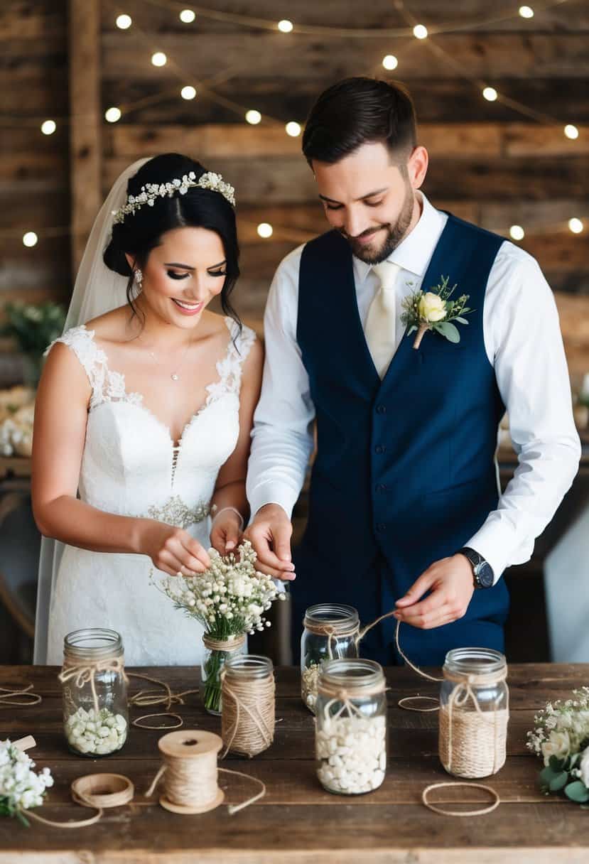 A bride and groom crafting wedding decorations together at a rustic wooden table with jars of flowers, twine, and craft supplies scattered around