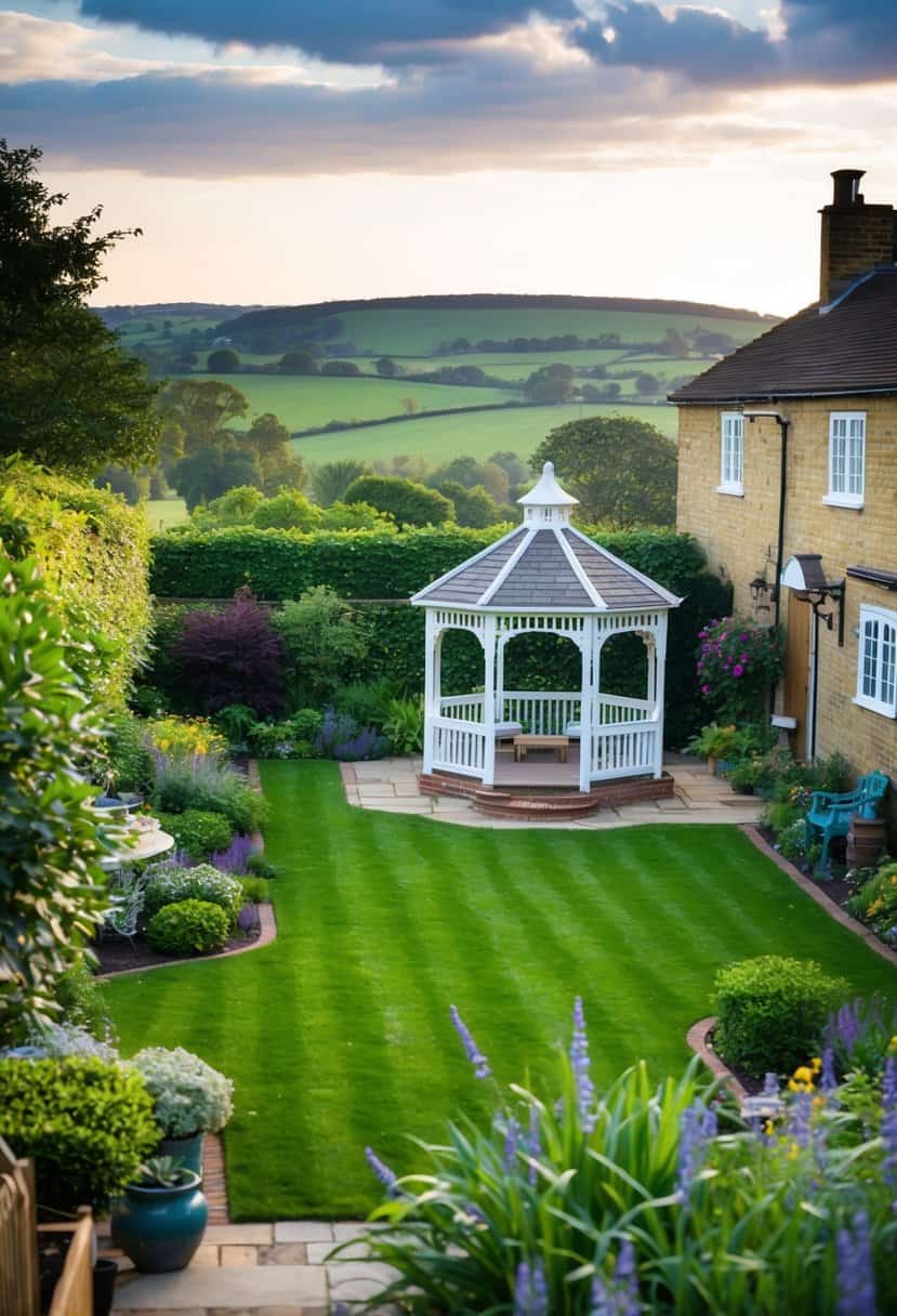 A charming backyard in the UK, with a lush garden, a quaint gazebo, and a view of rolling hills in the distance