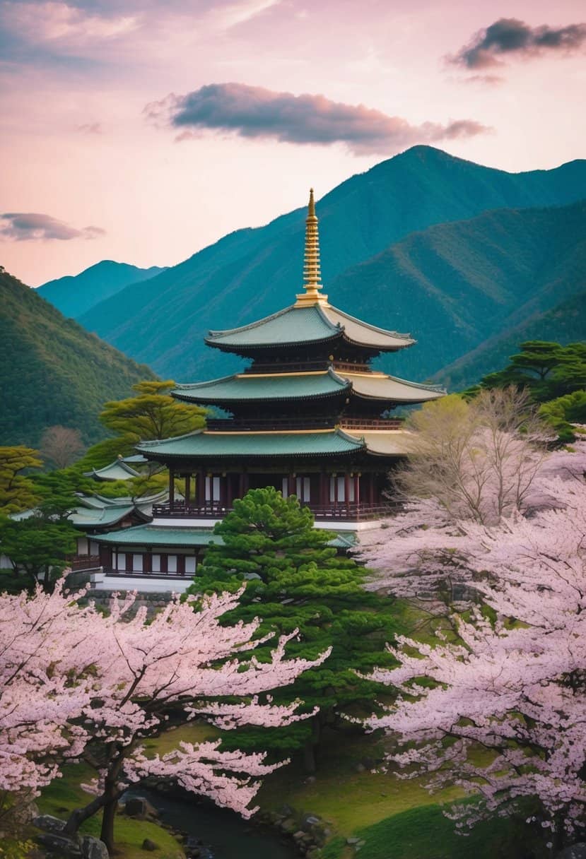 A serene, ancient temple nestled among lush green mountains and surrounded by blooming cherry blossoms