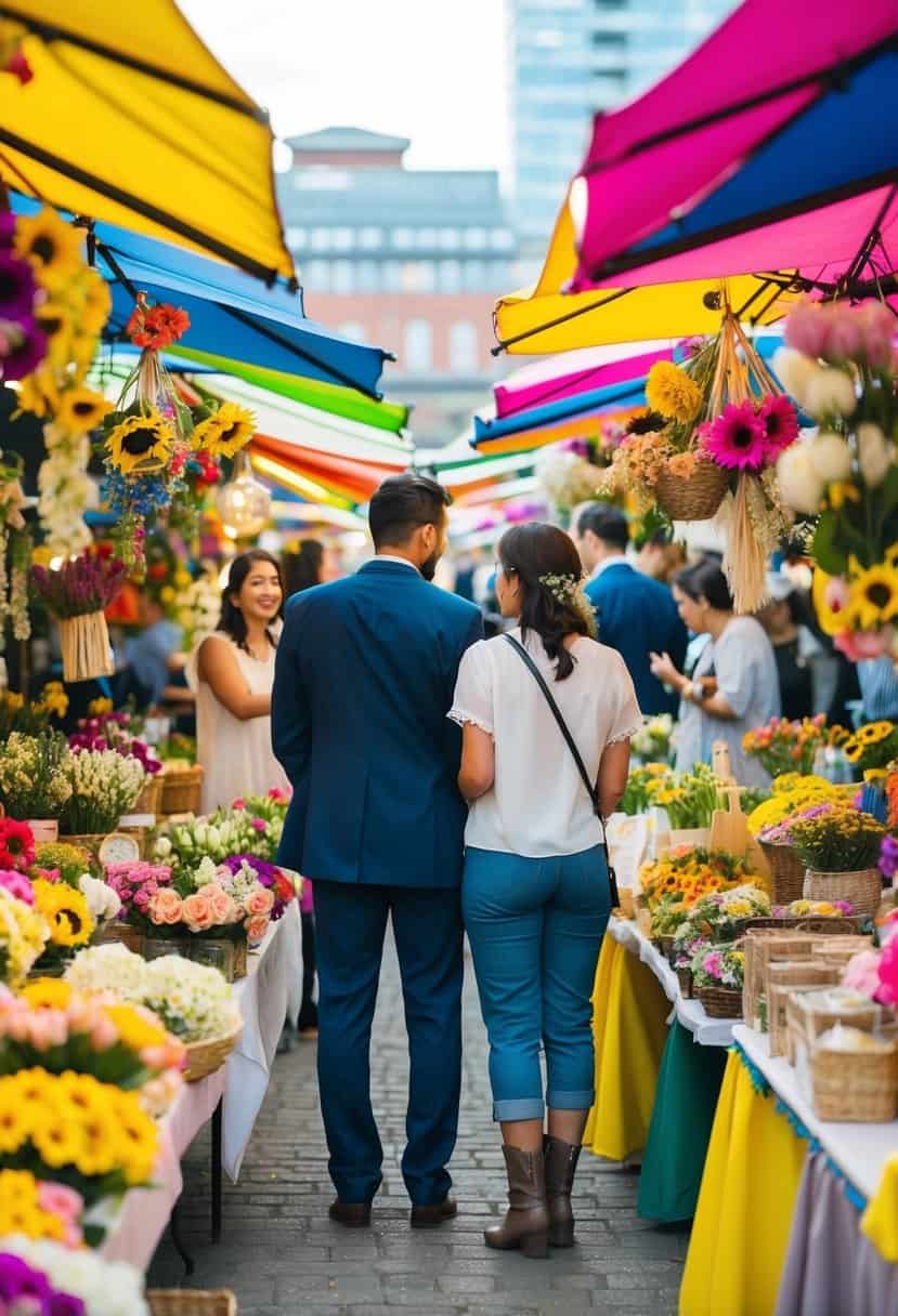 A bustling outdoor market with colorful vendor stalls selling flowers, decorations, and handmade crafts. Couples browse the offerings, comparing prices and envisioning their DIY wedding decor