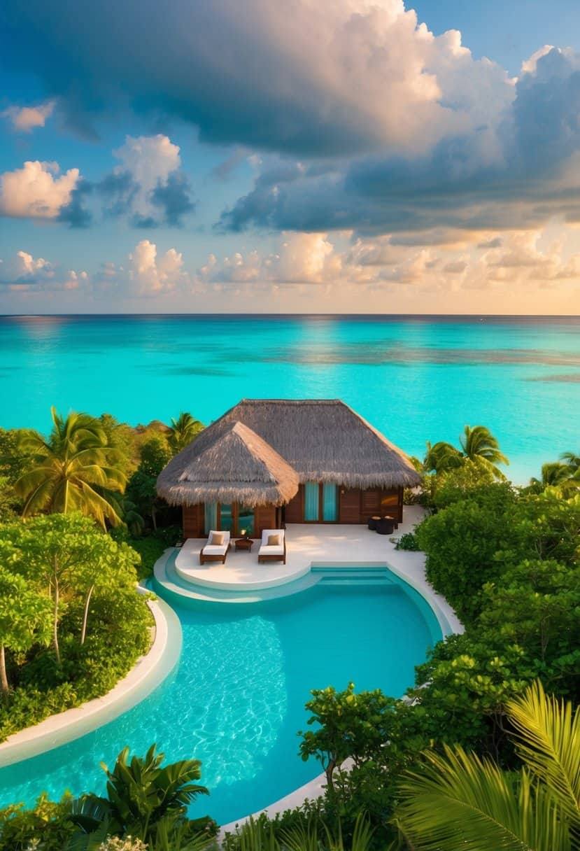 A secluded overwater bungalow surrounded by crystal-clear turquoise waters and lush tropical greenery, with a private infinity pool and a stunning sunset view