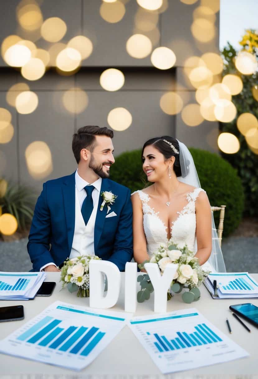 A bride and groom sitting at a table, surrounded by DIY wedding decorations and budget spreadsheets