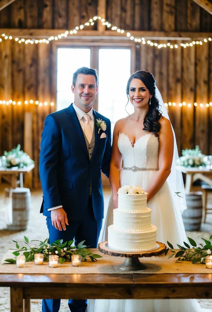 A bride and groom stand in a rustic barn, surrounded by homemade decorations and DIY centerpieces. A budget-friendly wedding cake sits on a wooden table