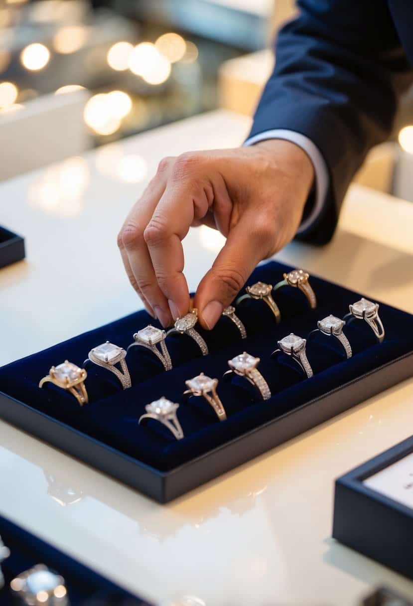 A jeweler carefully arranging an array of gleaming engagement rings on a velvet display pad