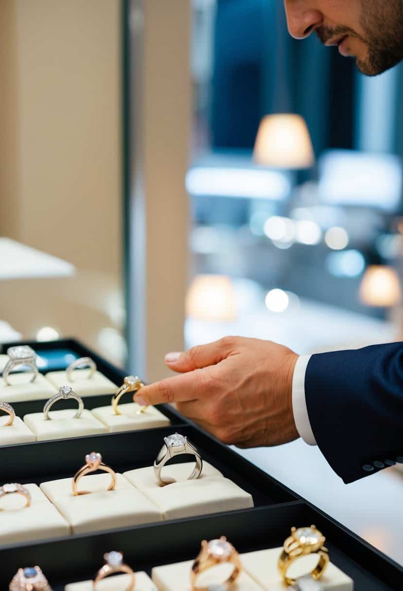 A man carefully examines a variety of wedding rings on display, comparing different styles and price points