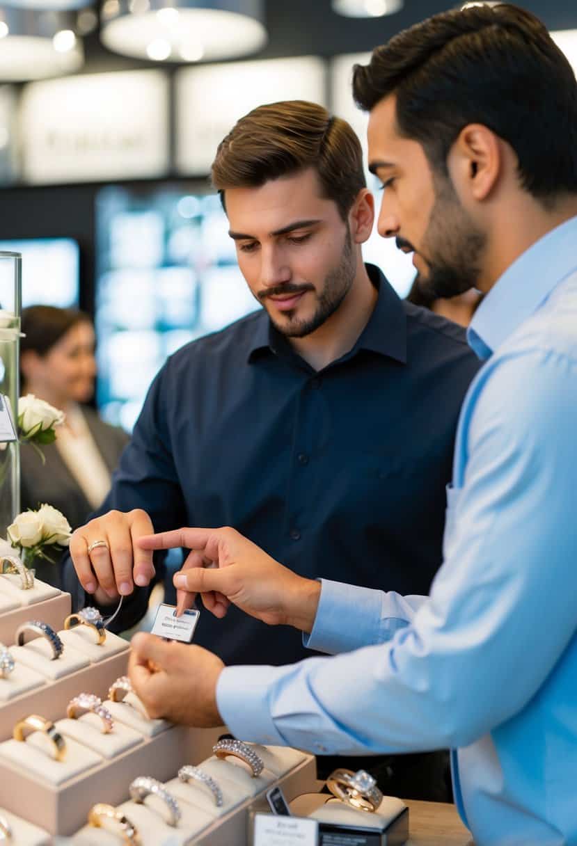 A man carefully examines a display of wedding rings, comparing styles and prices. A salesperson assists him, pointing out various options