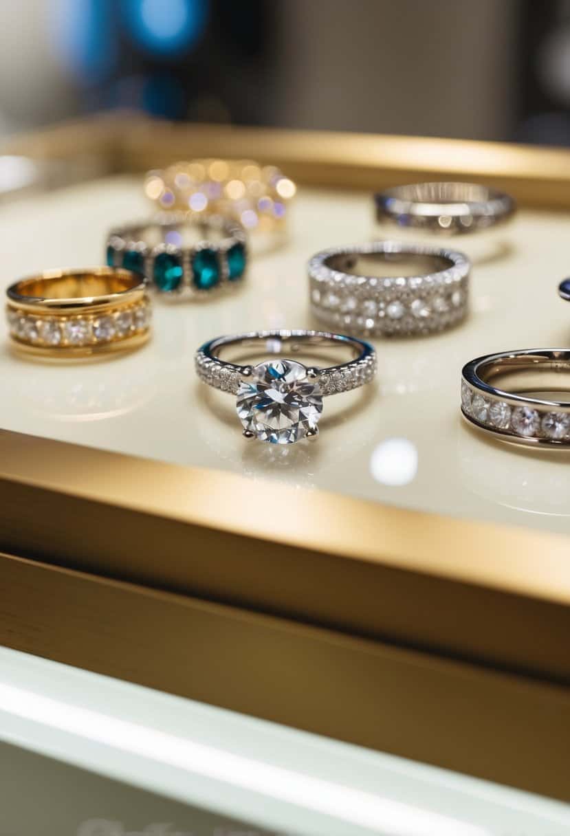 A sparkling gemstone ring displayed among various non-traditional wedding bands in a jewelry store showcase