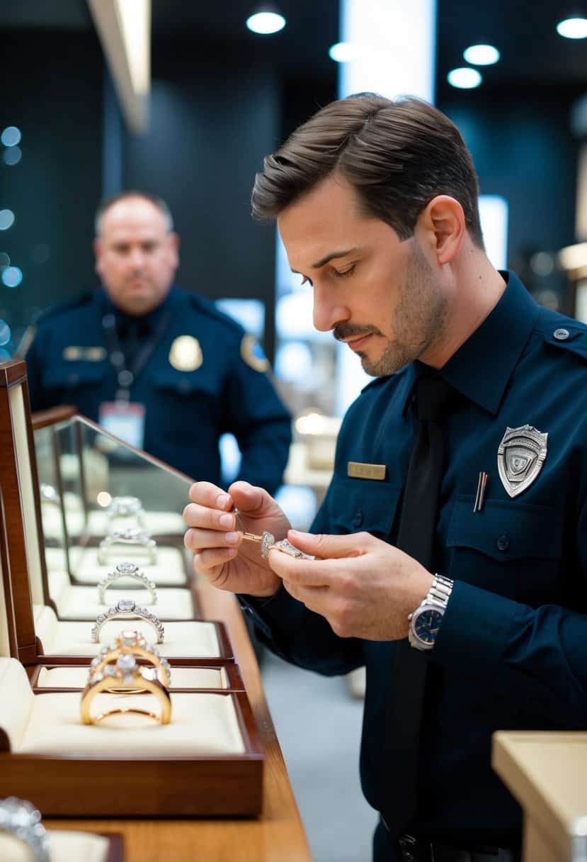 A man carefully examines a selection of wedding rings in a jewelry store, while a security guard keeps a watchful eye on the valuable pieces