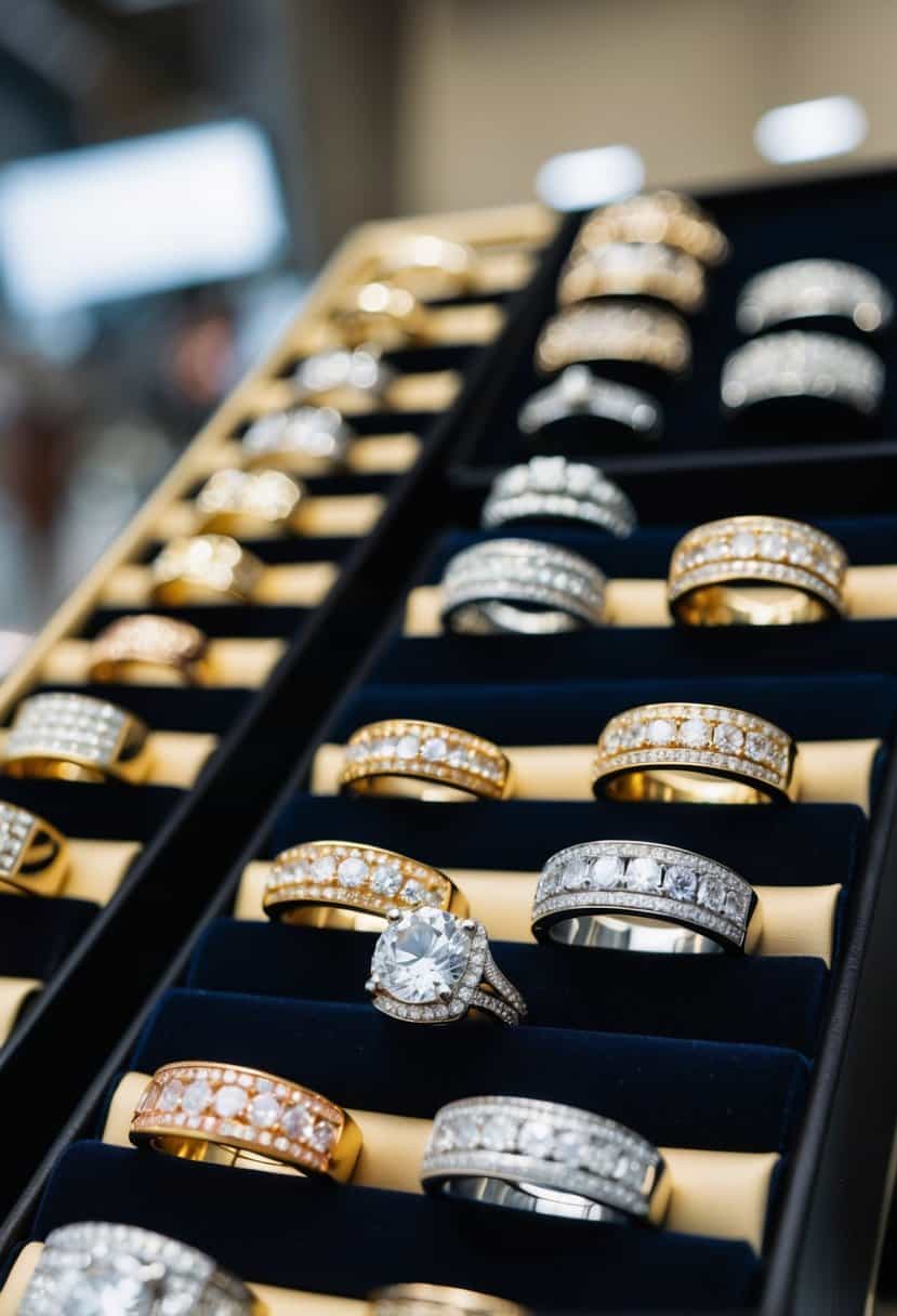 A jeweler's display with various wedding bands in gold, silver, and platinum, adorned with diamonds and other precious stones