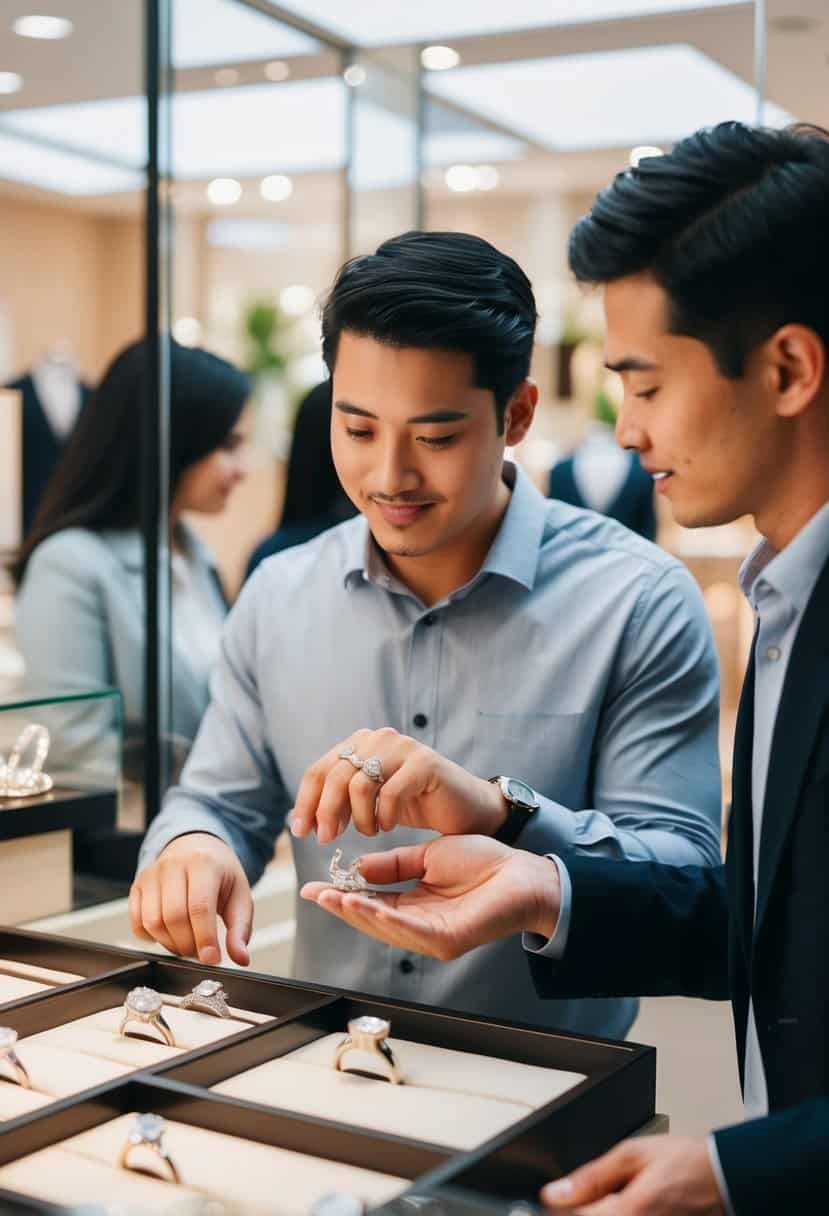 A couple browsing through a display of engagement rings at a jewelry store, with a salesperson showing them different options and discussing prices