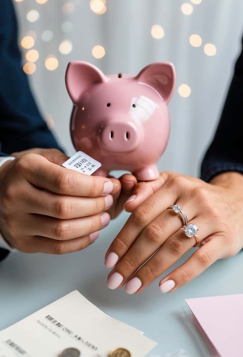 A couple's hands holding wedding rings with a price tag and a piggy bank in the background