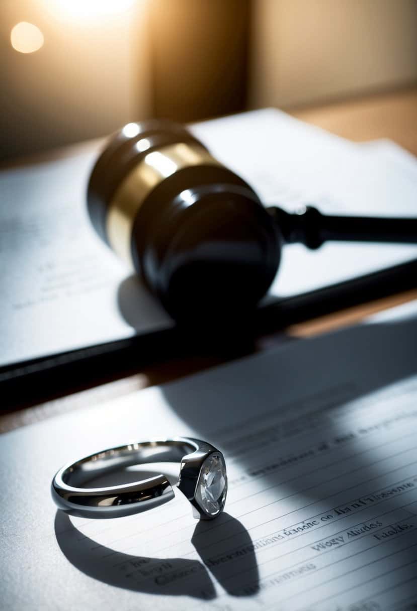 A broken wedding ring lies on a table, casting a shadow over legal documents and a gavel