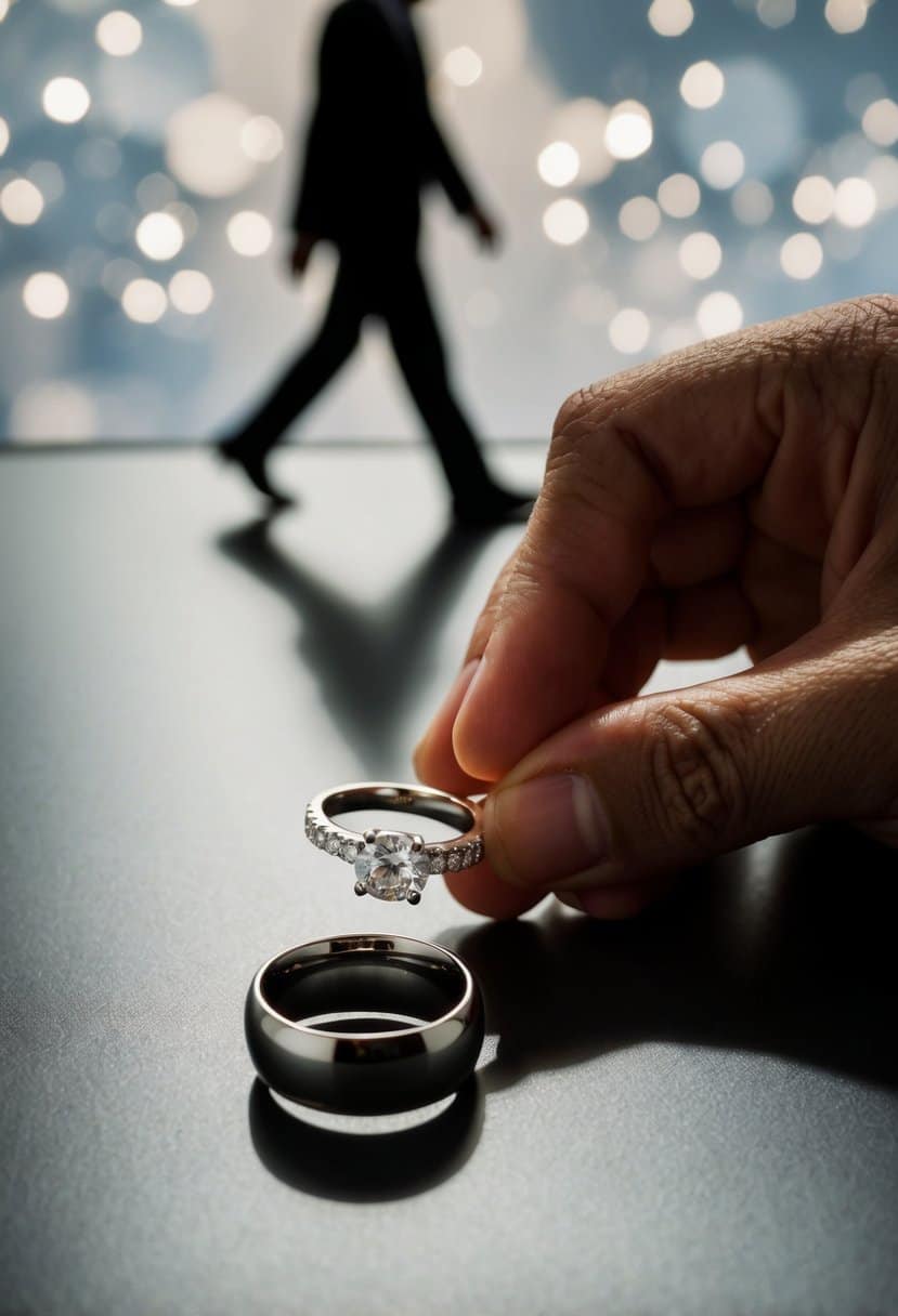 A wedding ring being removed and placed on a table, with a shadow of a figure walking away in the background