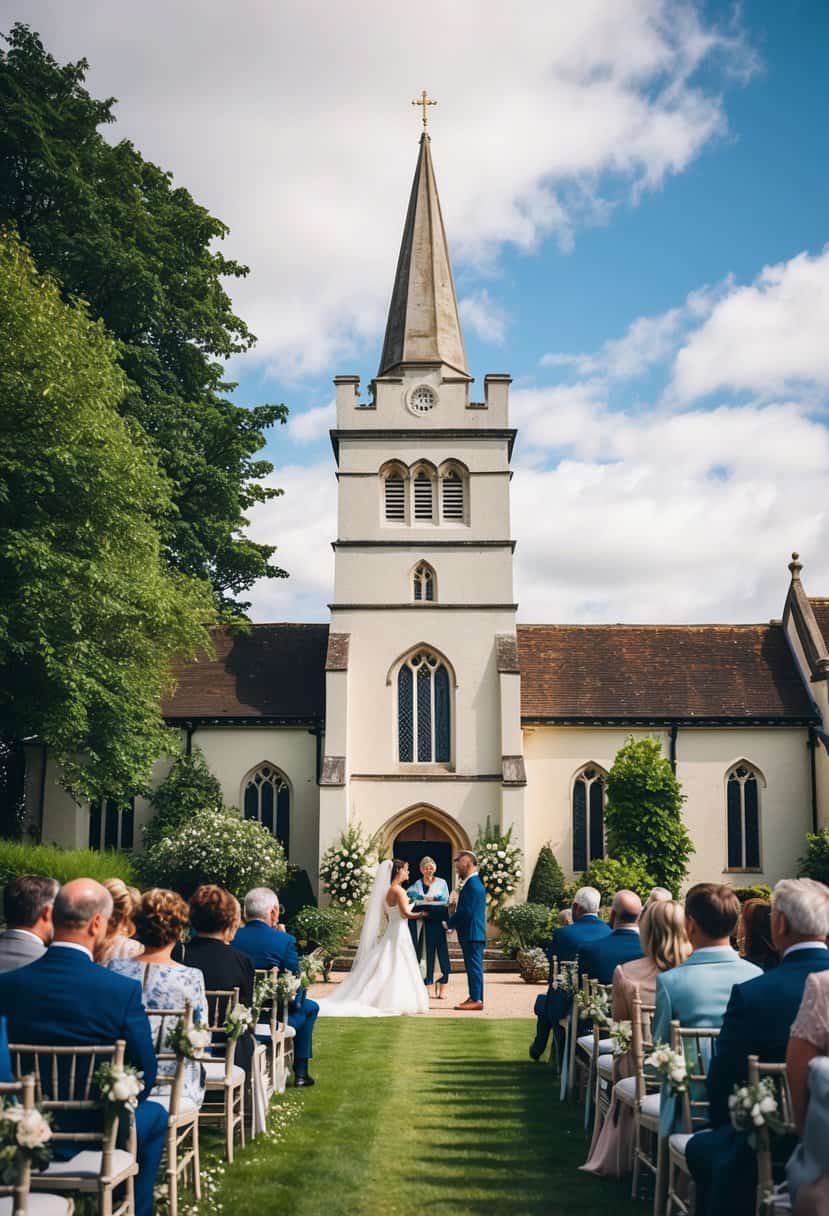 A picturesque English church with a wedding ceremony in progress, surrounded by lush greenery and traditional architecture