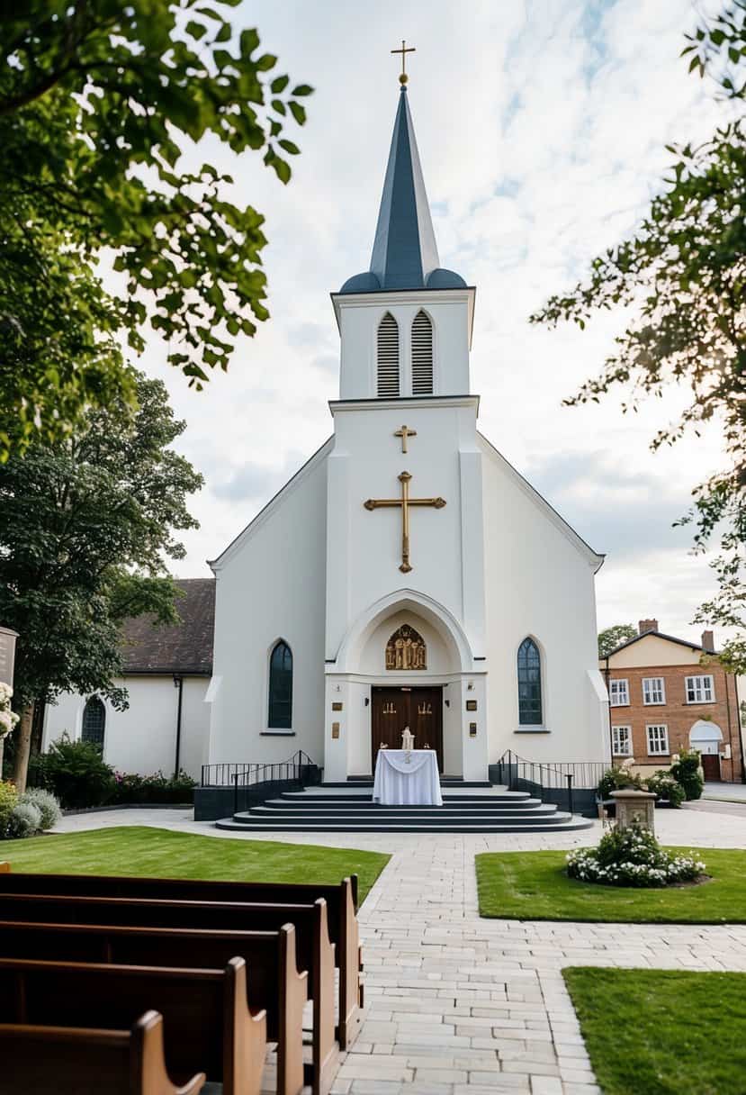 A church with a wedding altar, pews, and religious symbols. Outside, a town hall with a marriage registry office and a small wedding garden