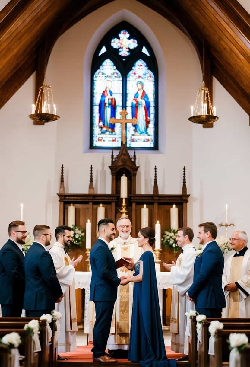 A same-sex couple stands at the altar of a traditional church, surrounded by supportive clergy and loved ones, exchanging vows in a joyous and dignified ceremony