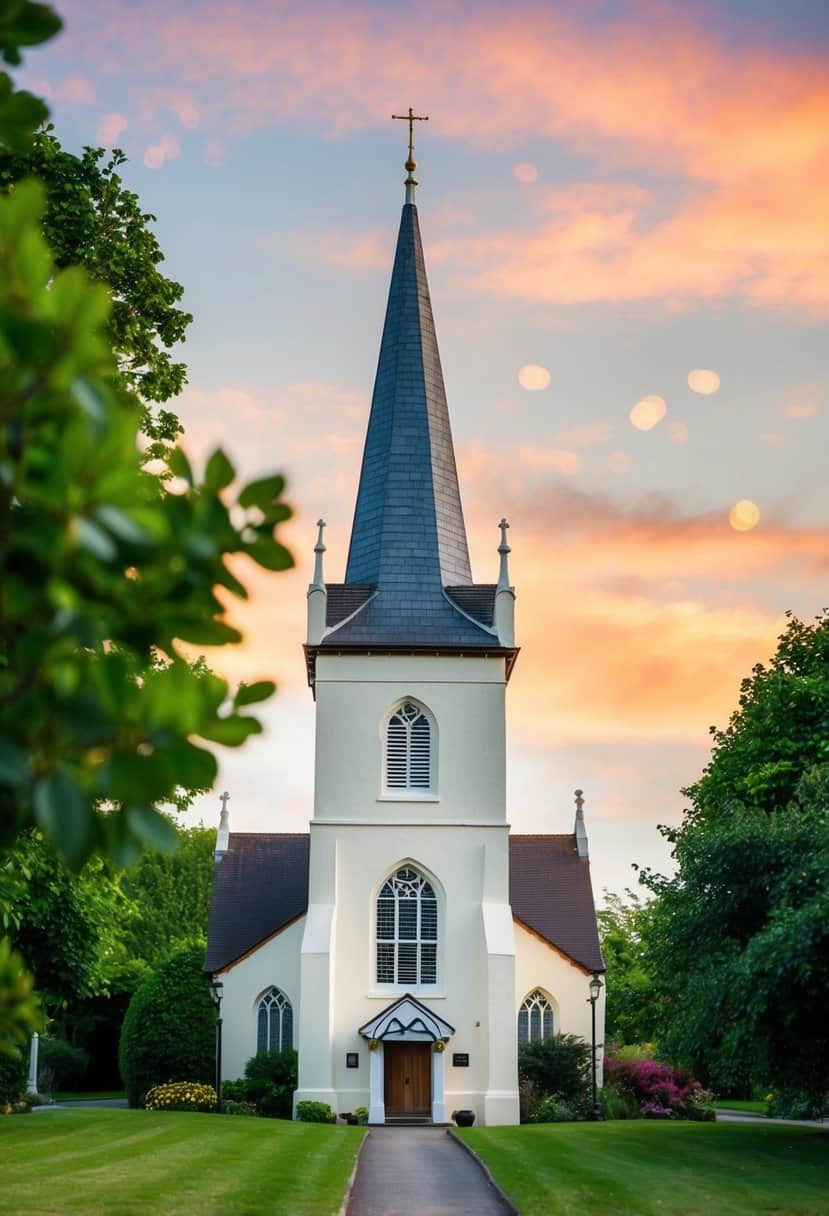 A quaint British church with a picturesque steeple and lush green surroundings