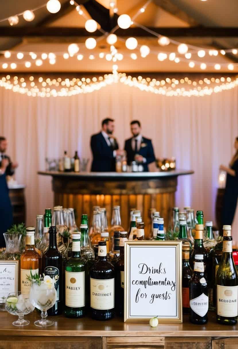 A festive wedding reception with a fully stocked bar and a sign indicating that drinks are complimentary for guests