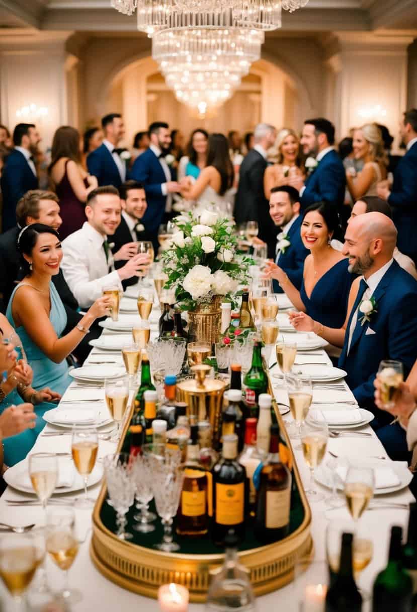 A lavish wedding reception with a fully stocked bar and elegant glassware, surrounded by happy guests mingling and enjoying the festivities