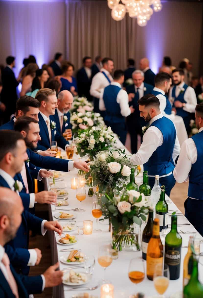 A bustling wedding reception with a fully stocked bar, guests mingling and enjoying drinks, and staff managing the logistics of serving and restocking