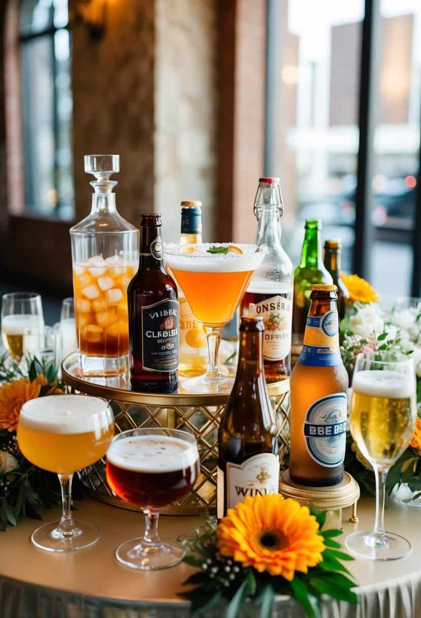 A festive wedding bar with a variety of drinks, including cocktails, wine, and beer, displayed on a decorated table with elegant glassware and floral arrangements