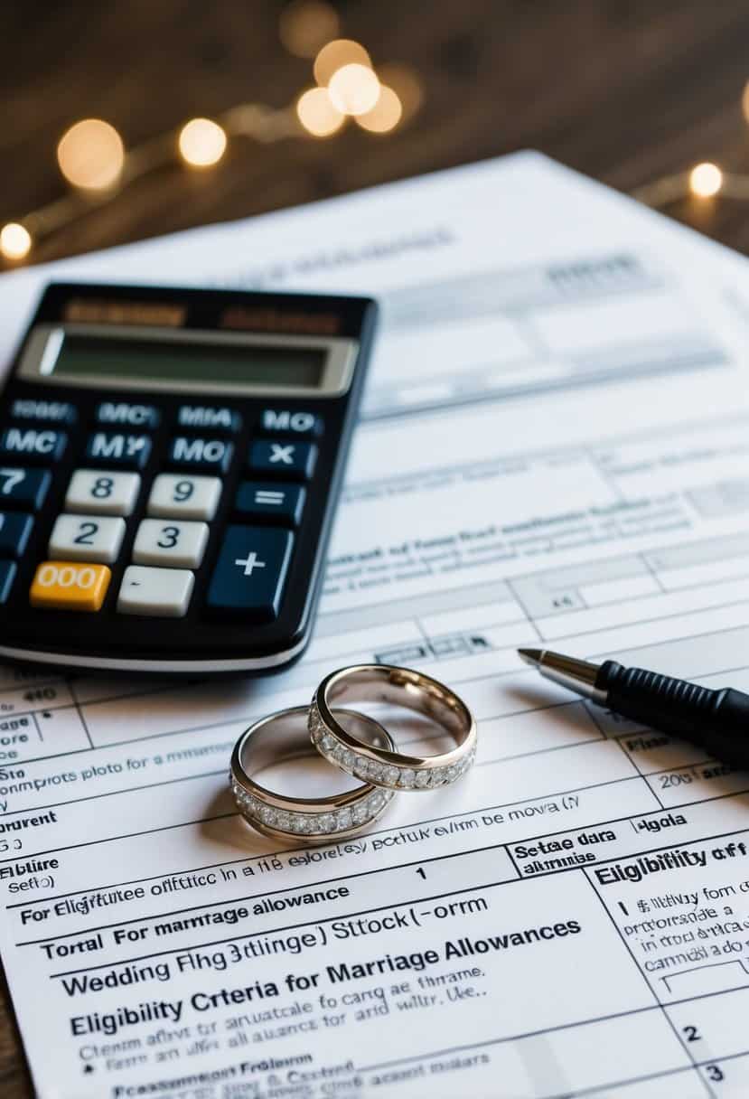 A couple's wedding rings on a tax form, with a calculator and a document titled "Eligibility Criteria for Marriage Allowances" nearby