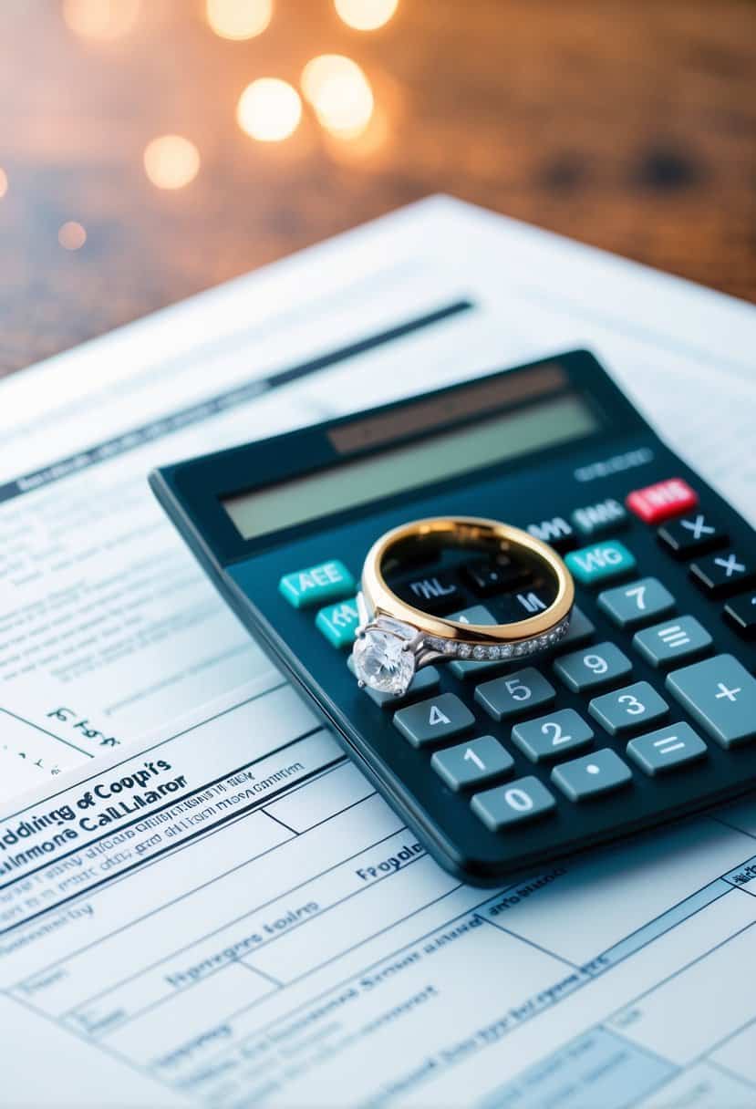 A couple's wedding rings on a form with tax documents and a calculator