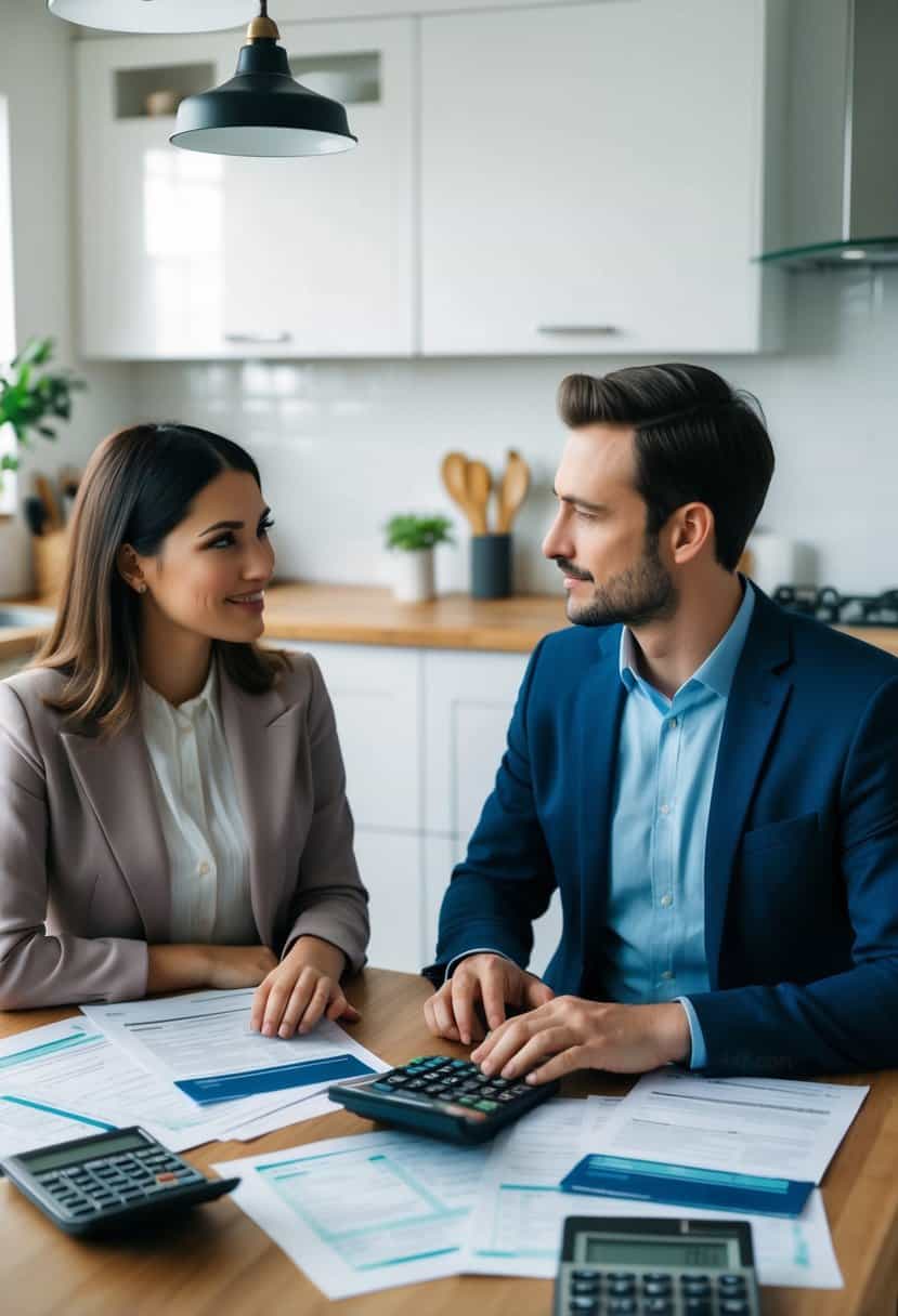 A couple sitting at a kitchen table with tax forms and calculators, discussing their income and tax codes in the UK