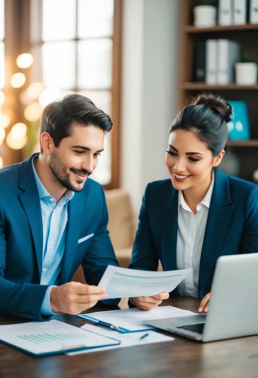 A couple sitting at a table, reviewing financial documents with a tax advisor in a cozy office setting