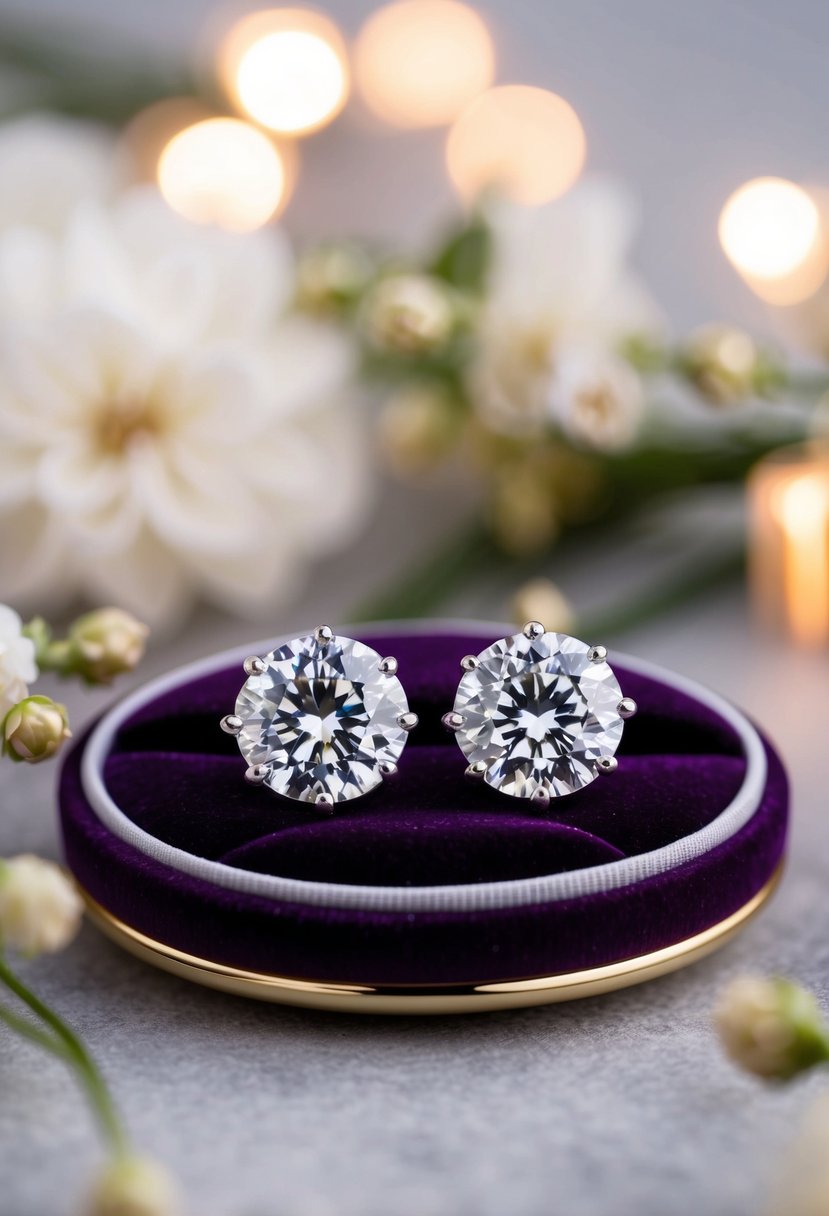 A sparkling pair of diamond stud earrings displayed on a velvet cushion, surrounded by soft lighting and delicate floral accents