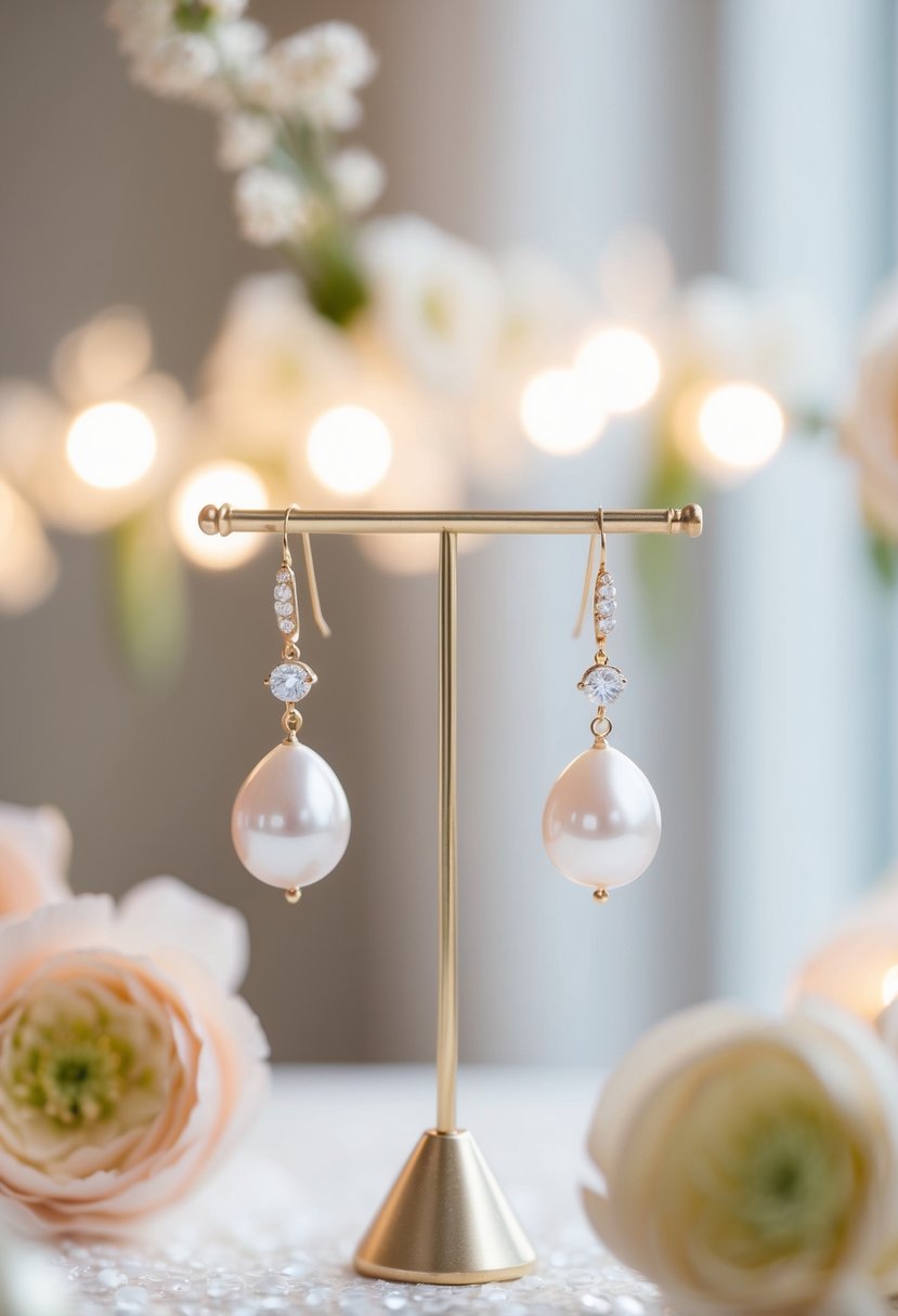 A sparkling pair of pearl drop earrings hanging from a delicate stand, surrounded by soft, romantic lighting and elegant floral accents