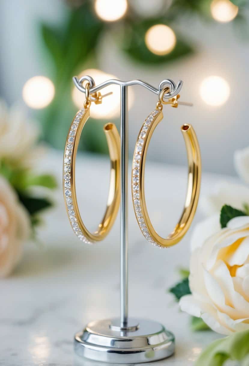 A sparkling pair of gold hoop earrings suspended from a delicate stand, surrounded by soft lighting and elegant floral accents