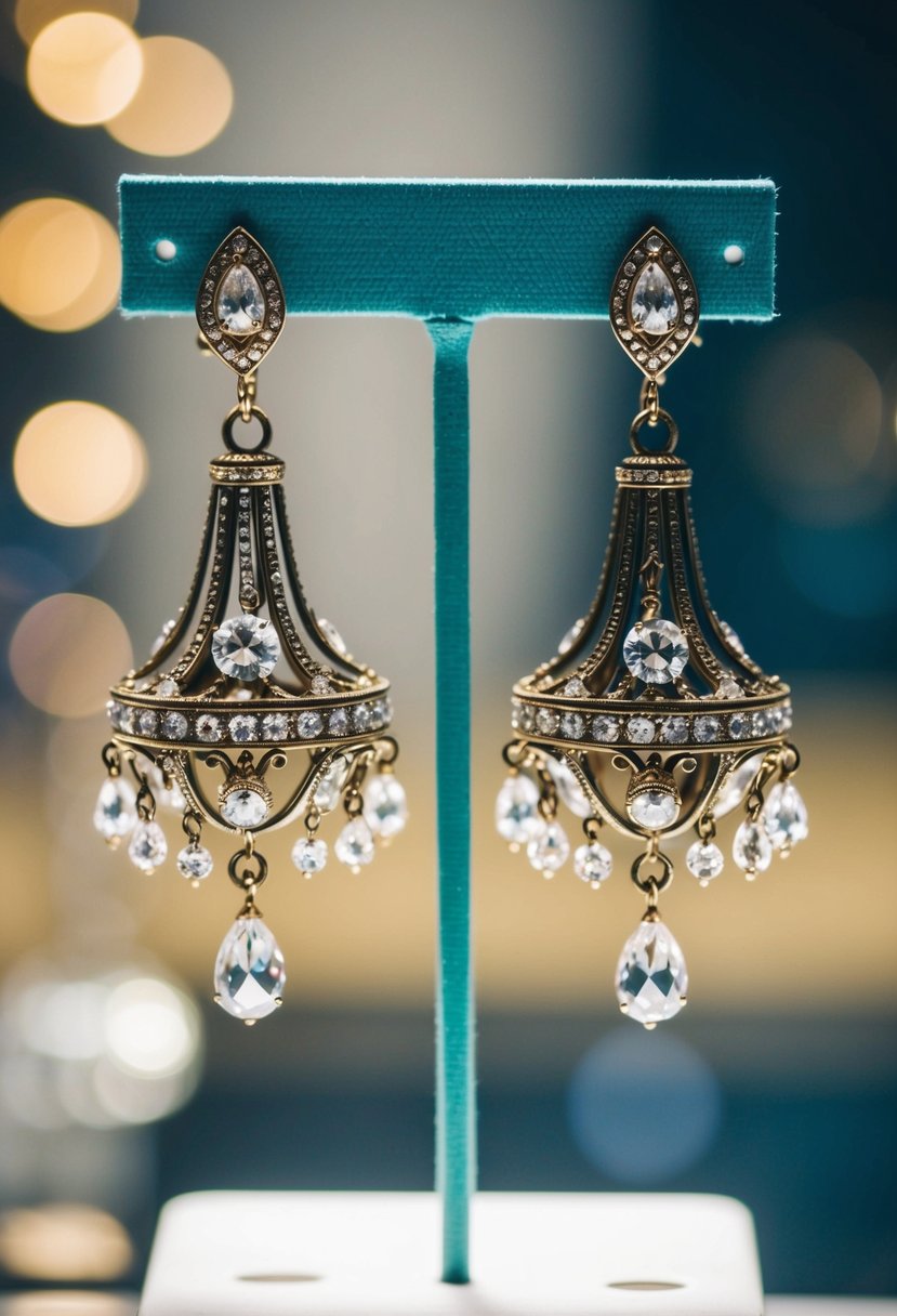 A pair of vintage chandelier earrings dangle elegantly from a display stand, catching the light and sparkling with intricate details