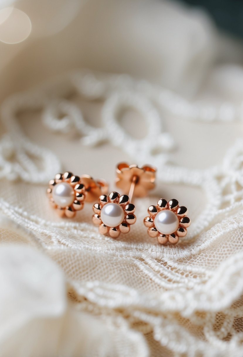 A close-up of rose gold stud earrings arranged on a delicate lace fabric, with soft lighting highlighting their intricate details