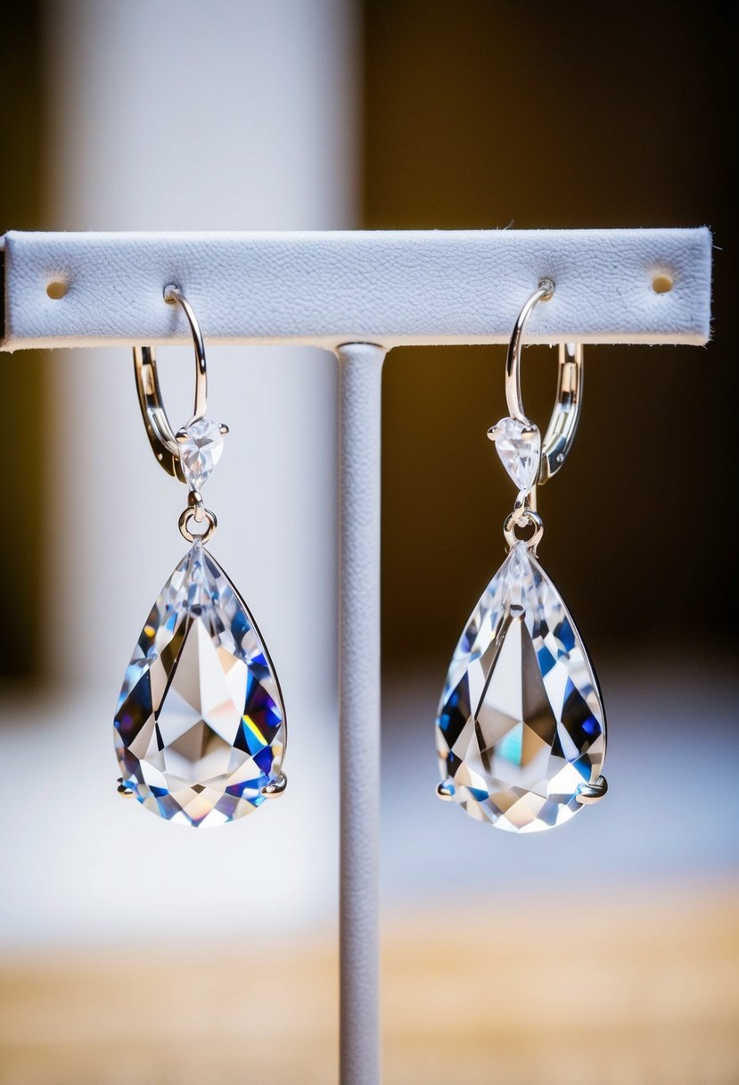 A sparkling pair of crystal teardrop earrings hanging delicately from a display stand, catching the light and exuding elegance