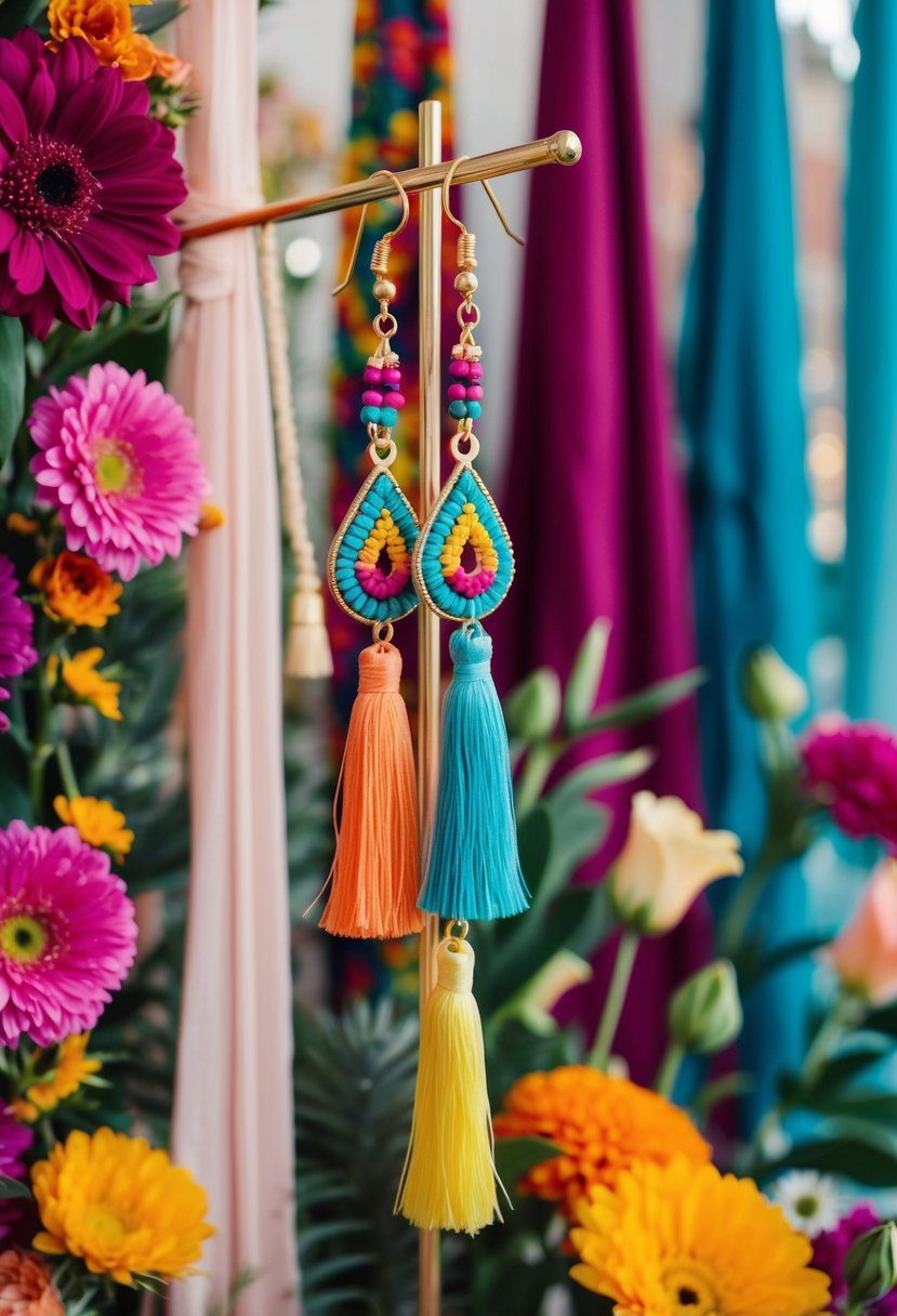 Colorful tassel earrings dangle from a bohemian-inspired display, surrounded by vibrant flowers and flowing fabric