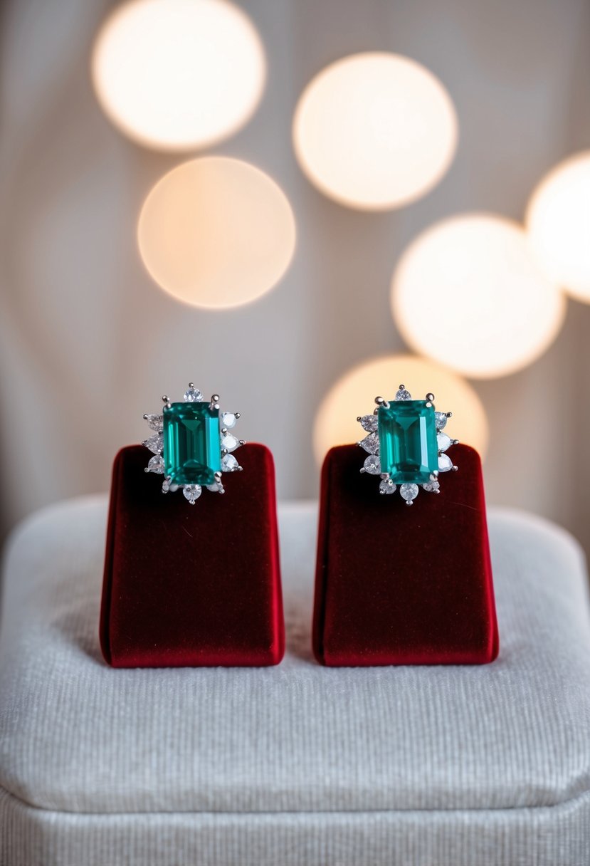 Two emerald cut earrings displayed on a velvet cushion under soft lighting