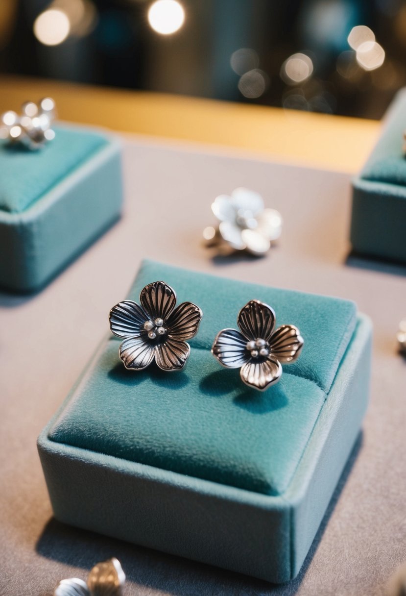 A pair of silver floral studs arranged on a velvet jewelry display, catching the light with delicate details