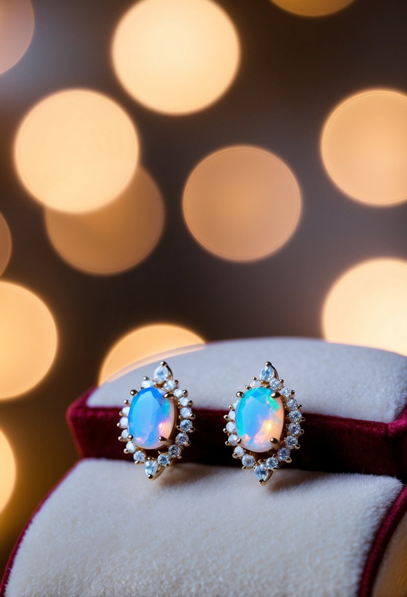 A sparkling pair of opal stud earrings displayed on a velvet cushion under soft, warm lighting