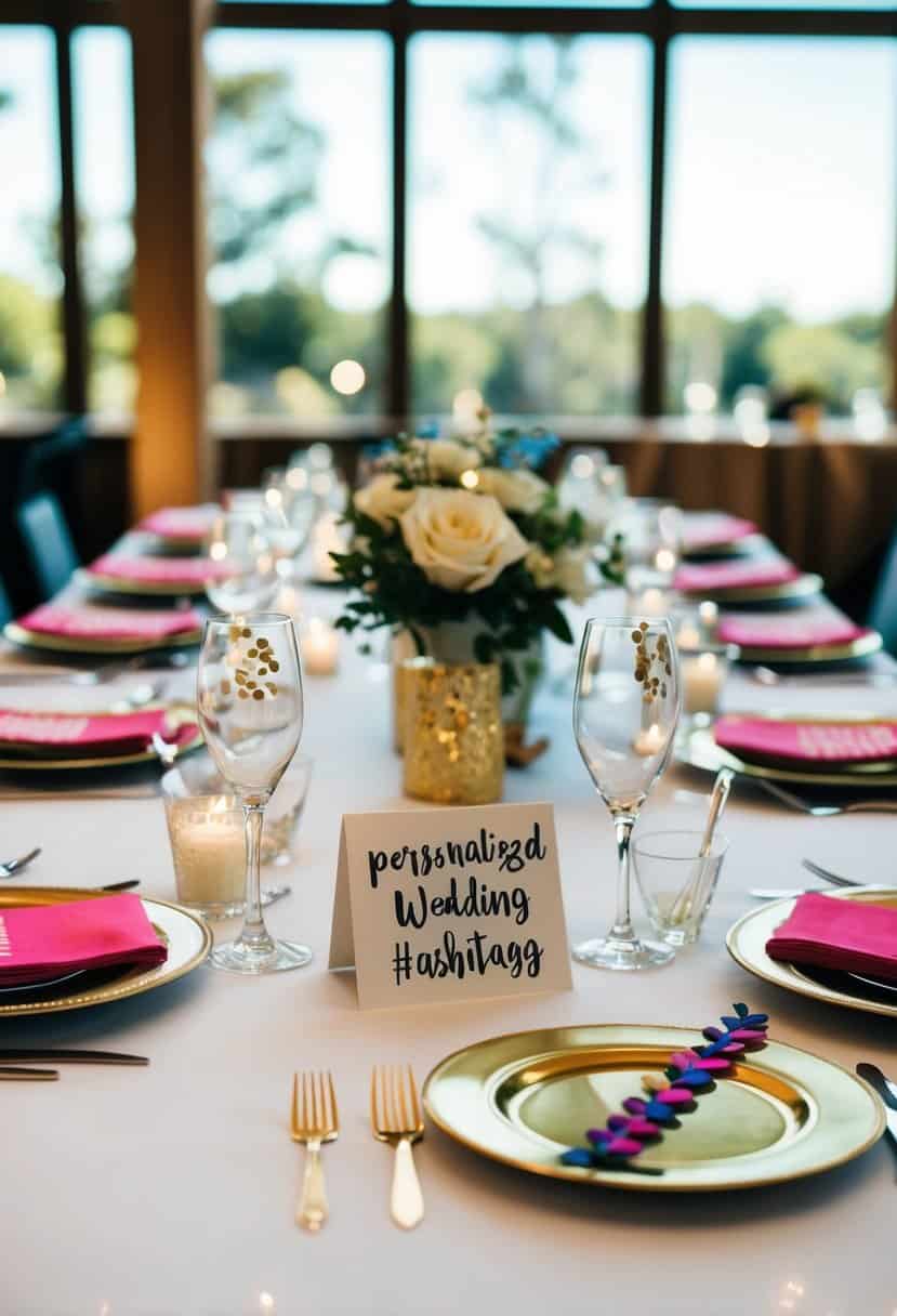 A cluttered table with unnecessary wedding items: personalized hashtags, custom napkins, and themed drink stirrers