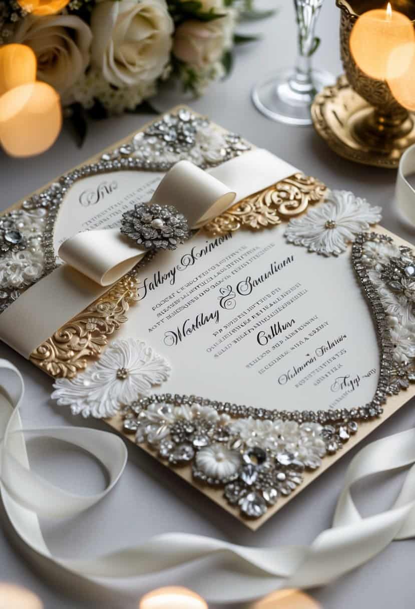 A lavish wedding invitation with unnecessary embellishments, such as excessive layers, ribbons, and intricate designs, creating a cluttered and over-the-top aesthetic