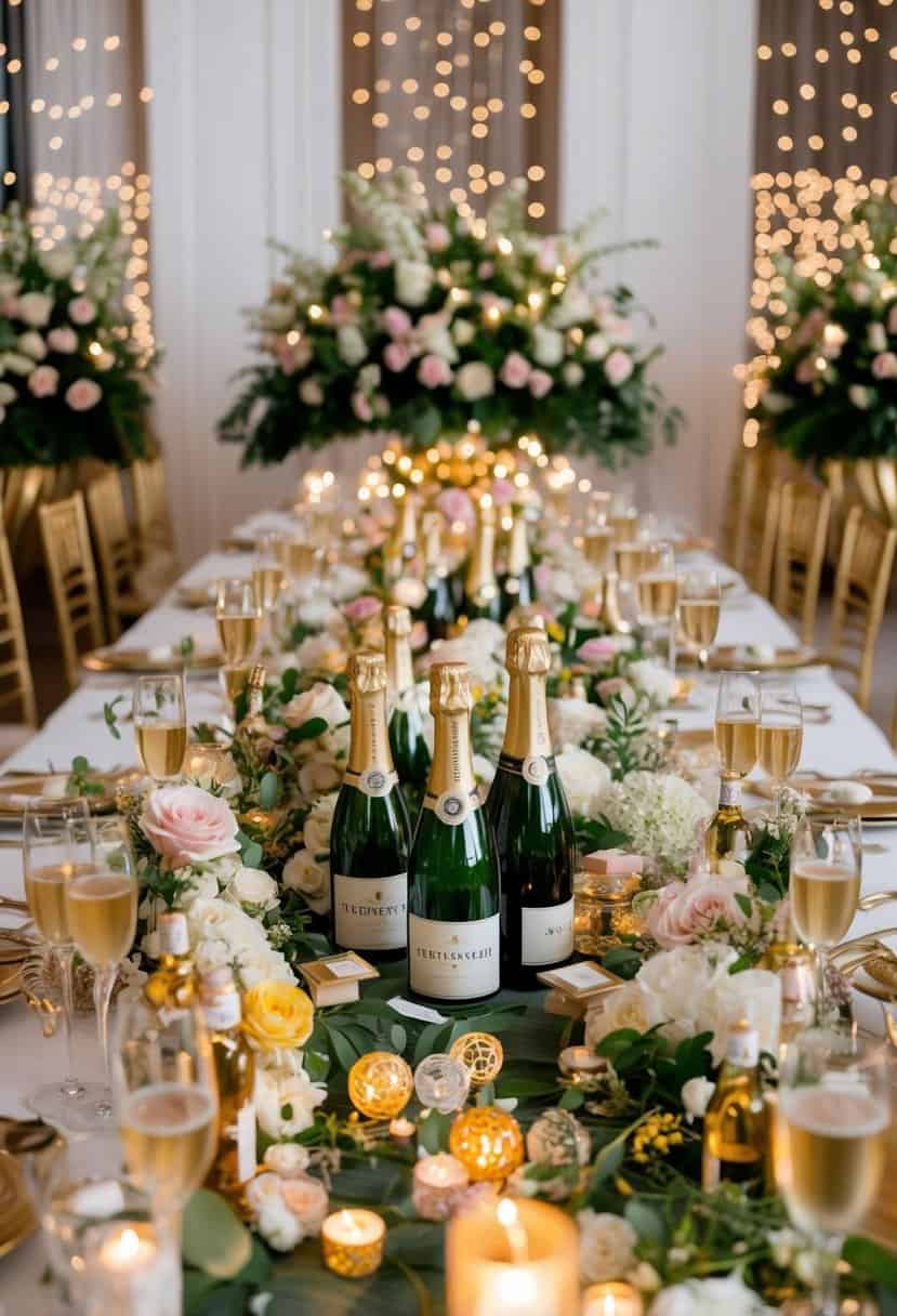 A table overflowing with unnecessary wedding favors, from mini champagne bottles to personalized trinkets, surrounded by opulent floral arrangements and twinkling fairy lights