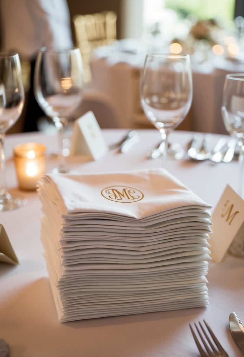 A stack of monogrammed napkins sits untouched on a wedding reception table, surrounded by other unnecessary items