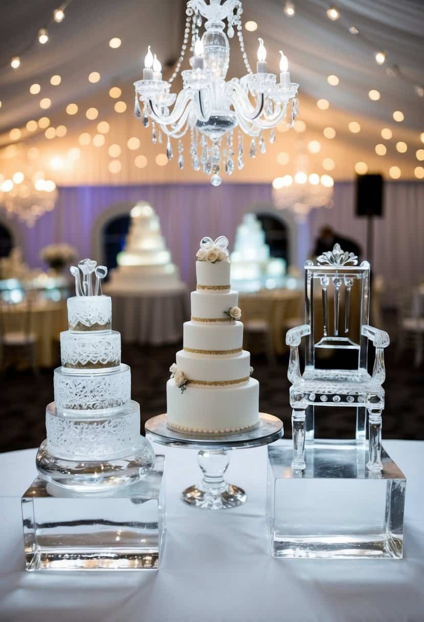 An array of whimsical ice sculptures: a towering cake, a grand chandelier, and a fancy chair, all unnecessary for a wedding