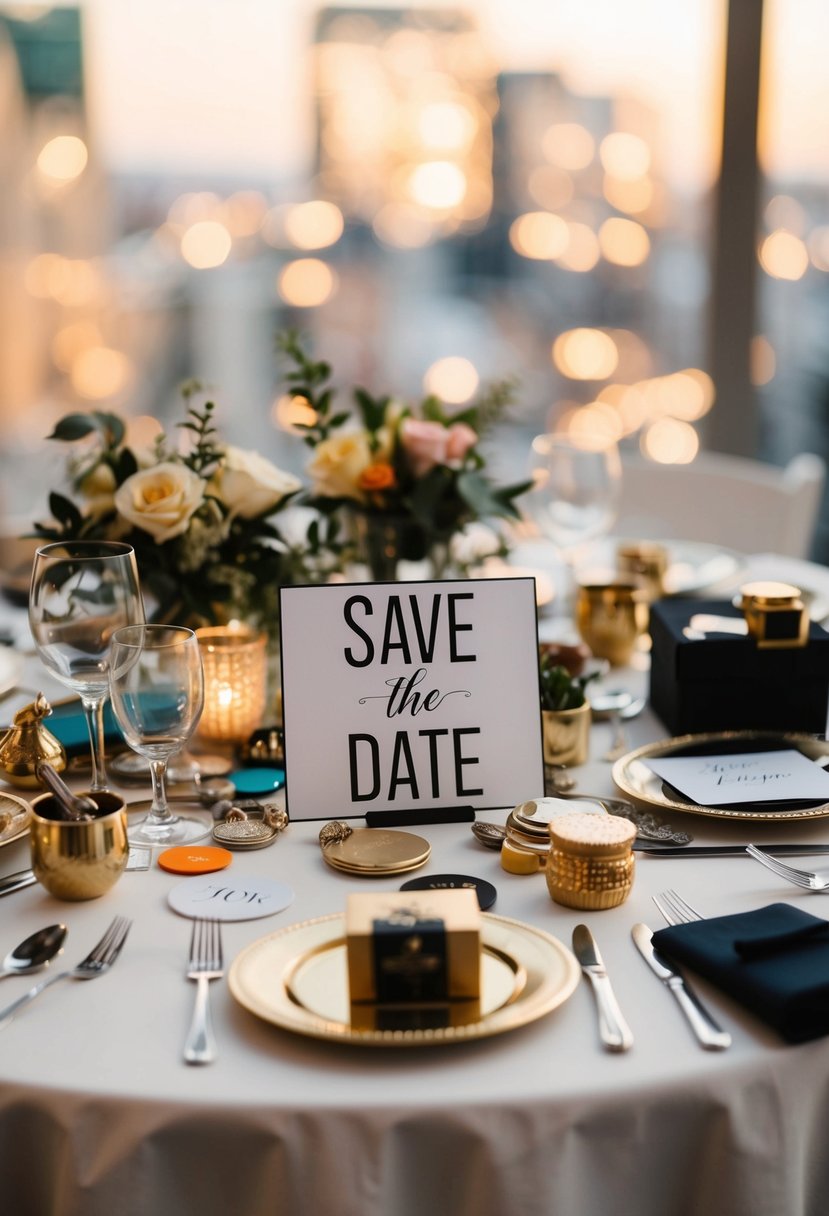 A cluttered table with unnecessary wedding items: save-the-date magnets, trinkets, and knick-knacks