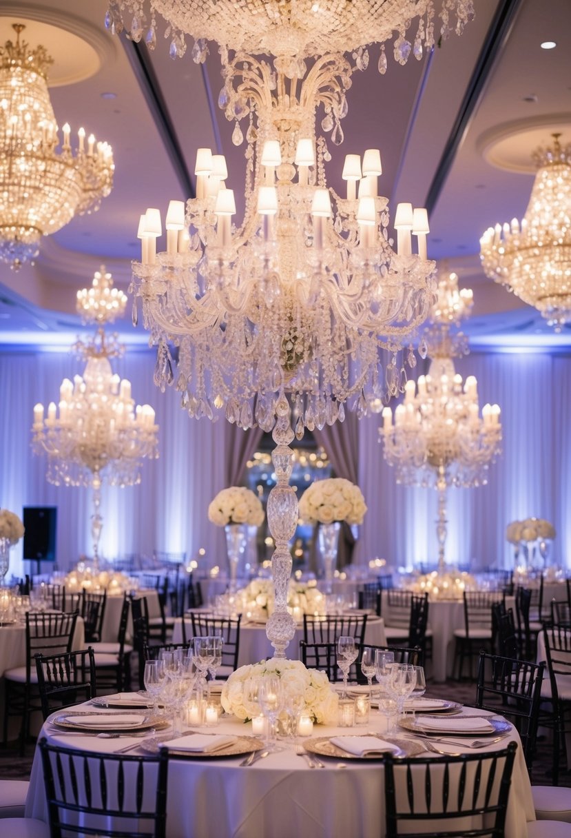 A lavish wedding venue adorned with extravagant chandeliers, glittering candelabras, and ornate crystal lighting fixtures