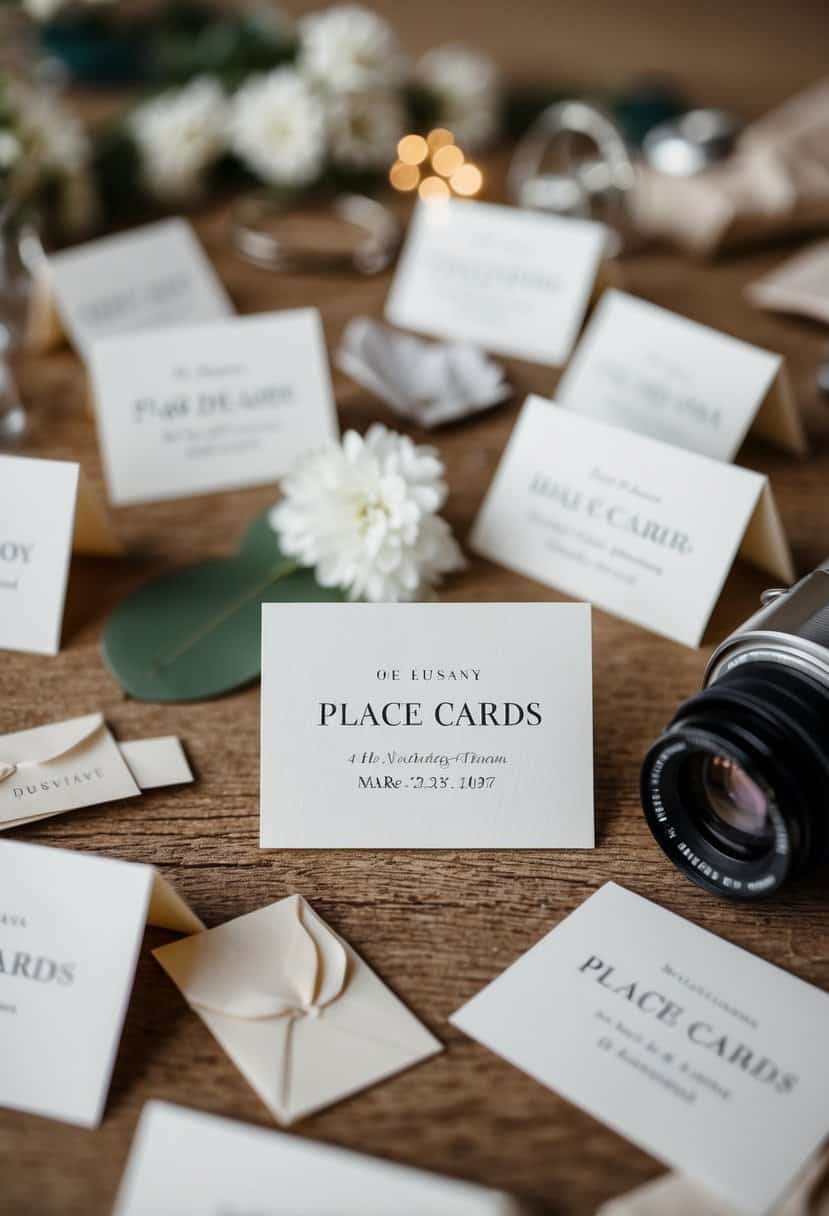 Elegant place cards scattered among discarded wedding items