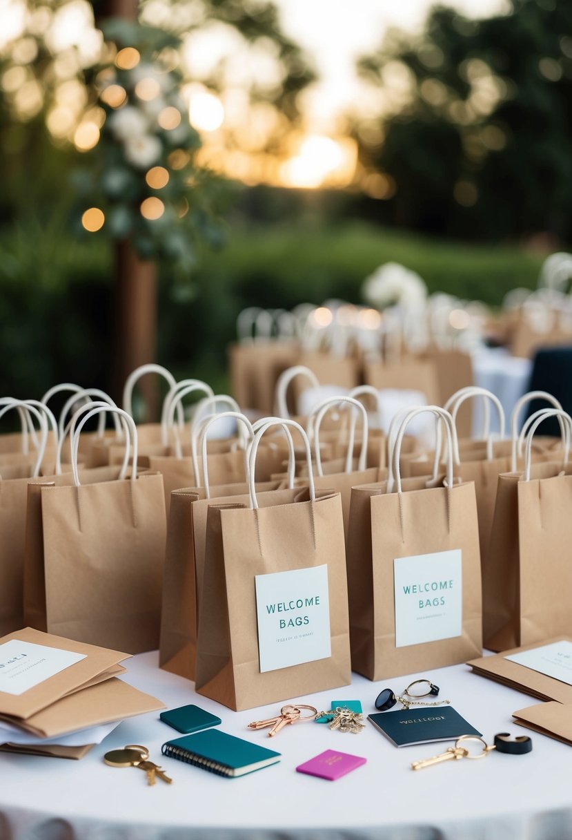 A pile of wedding welcome bags with unnecessary items like mini notebooks, keychains, and trinkets scattered on a table